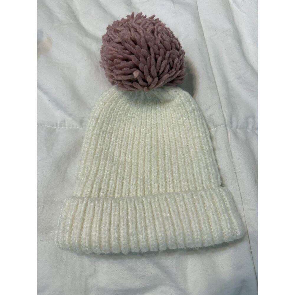 Primark Cream Pink Ribbed Knit Pom Beanie One Size